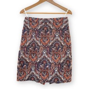 J. Crew pencil skirt in blue, orange and white paisley